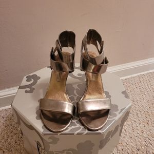 Cynthia Vincent Metallic Open Toe Heels